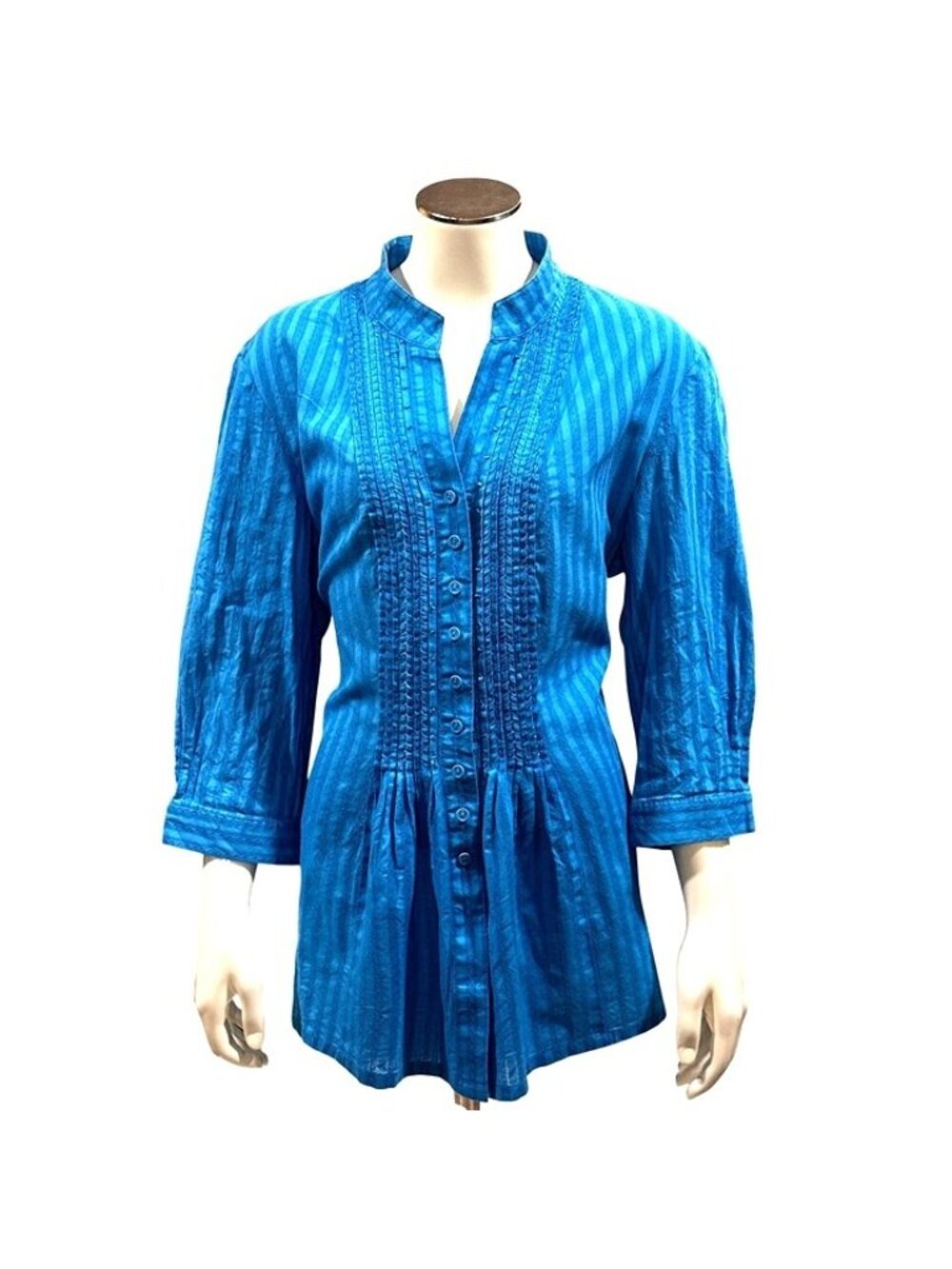 Chicos Size 3 Blue Tunic Button Detail Cotton Blouse Long Sleeve Relaxed Fit Chi